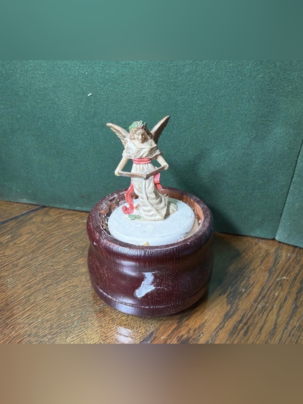 Vintage Angel Music Box Wood Base Christmas Figurine Reading Book
